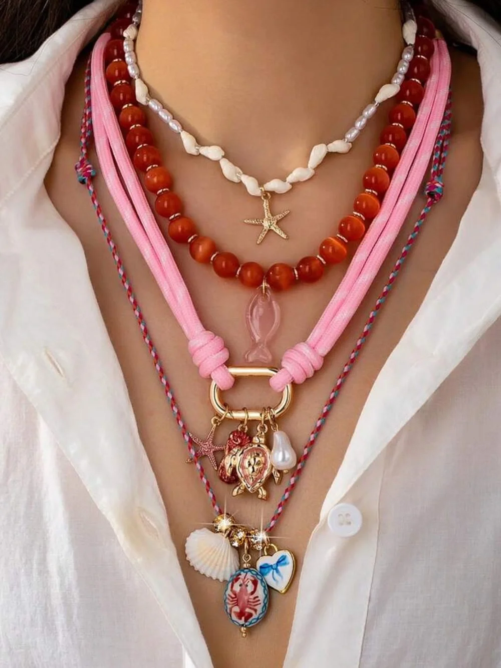 Pink Cord Necklace with Gold Nautical Charms R711 - Picture 2 of 2